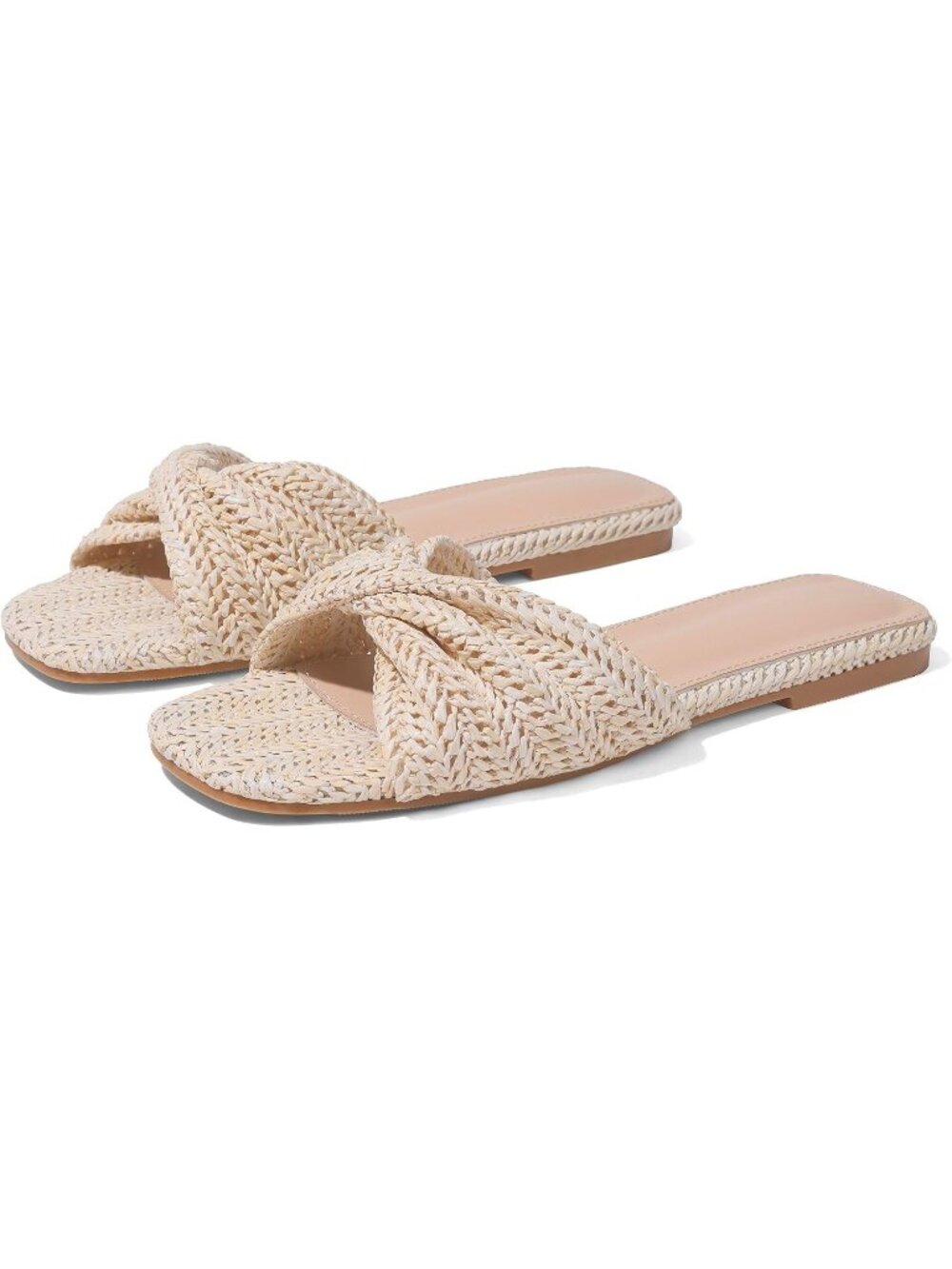 Women's Beige Summer Raffia Open Toe Woven Braided Twist Comfort Flat Sandals